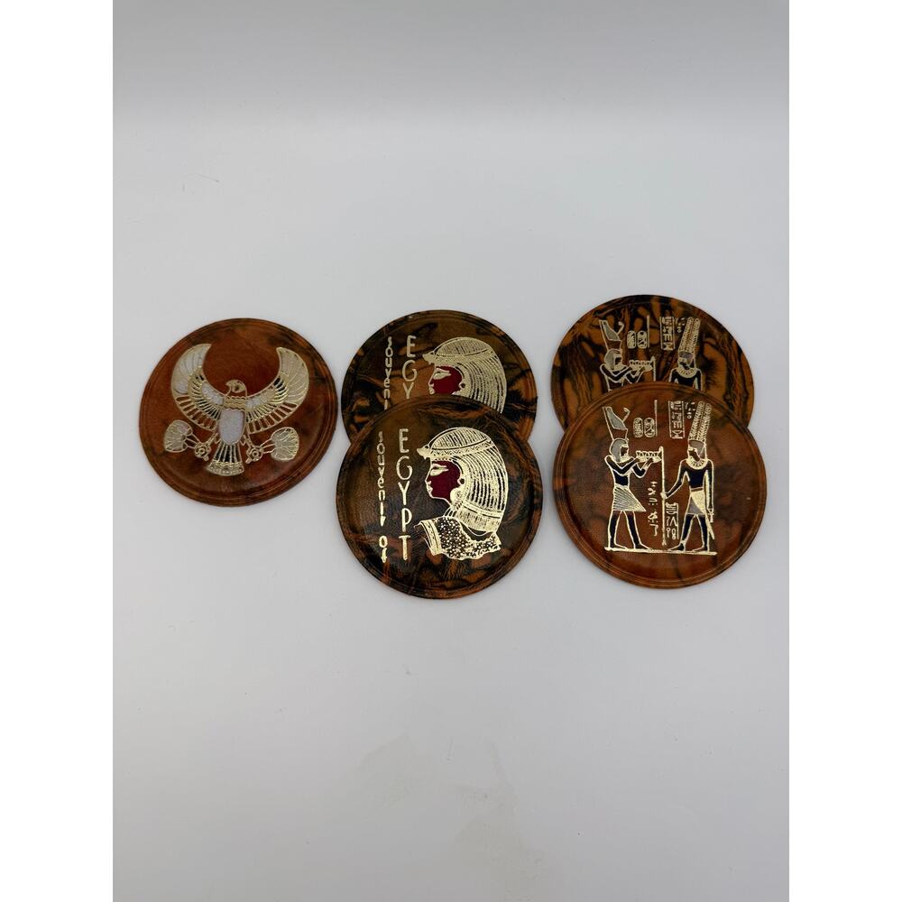 Vtg Egyptian Camel Leather Brown w/ Gold Detail Set of 5 Coasters Drinkware